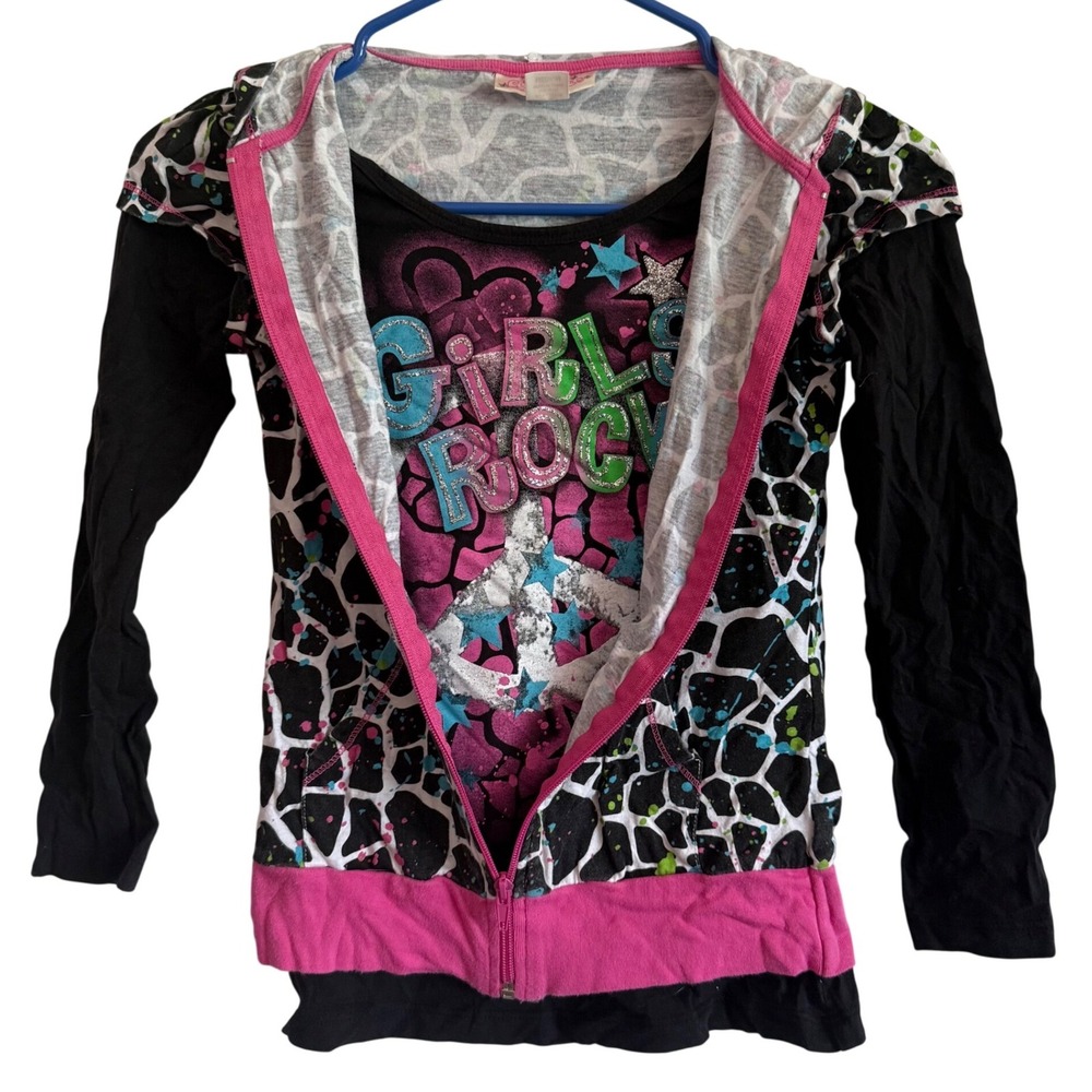 Y2K Self Esteem Girls Rock Layered Shirt Hoodie Sweatshirt Animal Print medium